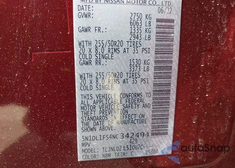 2022 Infiniti Qx60 Luxe Awd z USA, uszkodzony, nr VIN 5N1DL1FS4NC342494